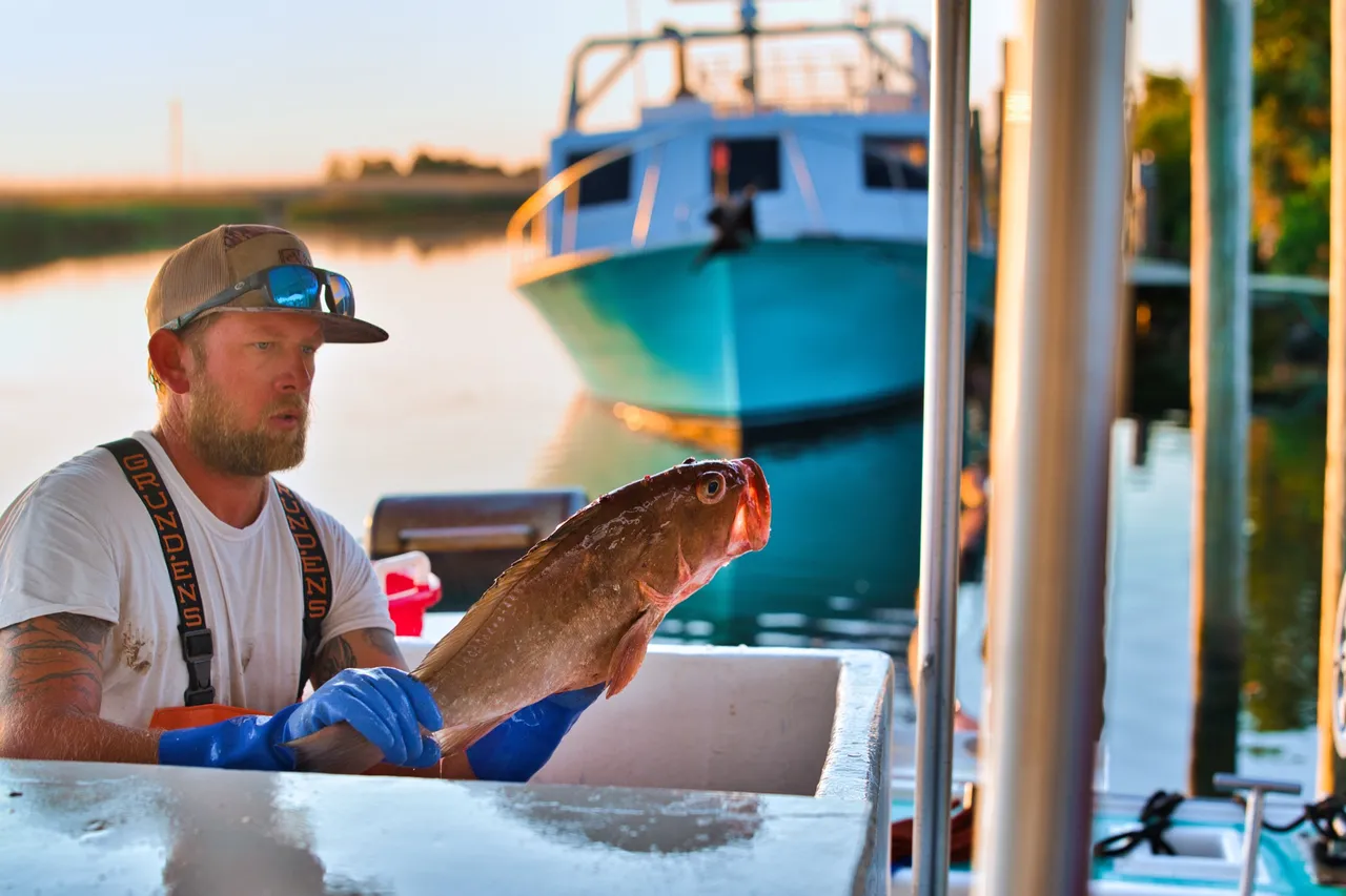 A Water Street crew member holding a freshly landed fish at the dock at sunrise