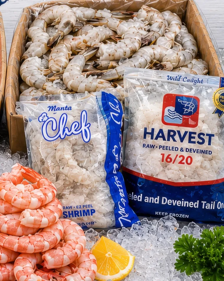 Boxed raw shrimp, bagged peeled shrimp, and cooked shrimp on ice
